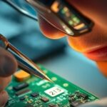 Technician using a soldering iron and magnifying glass to repair a damaged circuit board with tiny components.